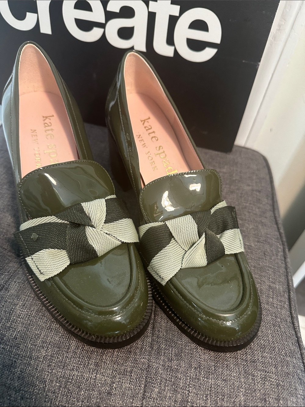 kate spade Olive Patent Loafers with Woven Two-Tone Bow